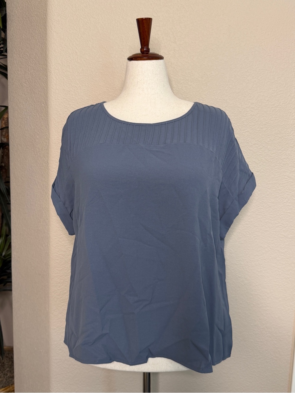 SHEIN Slate Blue Pleated Yoke Short-Sleeve Blouse